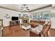 Comfortable living room with hardwood floors, a stone fireplace, large windows, and leather seating at 2525 Well Springs Dr, Buford, GA 30519