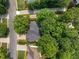 An overhead shot highlights the property's roof, landscaping, and setting on a quiet street with mature trees at 1205 Compass Pointe Xing, Alpharetta, GA 30005