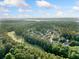 Panoramic aerial view showcasing the neighborhood, mature trees, and a nearby lake at 112 Birchwood Pass, Canton, GA 30114