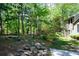 Landscaped backyard with mature trees and natural stone accents at 170 Mayfield Cir, Alpharetta, GA 30009
