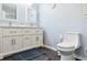 Bright bathroom featuring a double sink vanity with drawers and modern toilet at 141 Mills Creek Path, Hiram, GA 30141