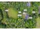 Overhead view of Douglasville, GA property featuring a home, pool, gazebo, sheds, and lush greenery at 3345 Bomar Rd, Douglasville, GA 30135