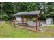 A covered picnic table and pool covered with safety netting is surrounded by trees at 3345 Bomar Rd, Douglasville, GA 30135