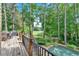 Elevated deck overlooking a private backyard, golf course view, and a freeform pool, perfect for relaxation and entertainment at 4012 Ironhill Ln, Woodstock, GA 30189