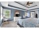 Relaxing primary bedroom featuring a tray ceiling, large windows, and neutral carpet at 4012 Ironhill Ln, Woodstock, GA 30189