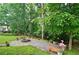 Backyard fire pit with seating is perfect for gatherings and relaxation surrounded by lush trees at 2212 Mcquiston Sw Dr, Marietta, GA 30064