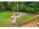Backyard fire pit with seating is perfect for gatherings and relaxation surrounded by lush trees at 2212 Mcquiston Sw Dr, Marietta, GA 30064