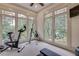 Bright workout room with an exercise bike, climbing machine, neutral carpet, and large windows overlooking the backyard at 114 Trinity Hollow Dr, Canton, GA 30115