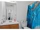 Bathroom featuring a wooden vanity, sink, and a blue-themed shower curtain at 11581 Kades Trl, Hampton, GA 30228