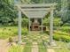 Outdoor brick fireplace and surrounding landscape offer a tranquil spot for relaxation and entertaining at 3290 Spain Rd, Snellville, GA 30039