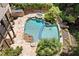 Aerial view of a luxurious backyard pool with a hot tub, stone patio, and tropical landscaping at 3770 Riverly Trce, Marietta, GA 30067