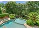 Aerial view of the luxurious swimming pool, hot tub, and well-manicured backyard at 3770 Riverly Trce, Marietta, GA 30067
