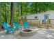 Cozy backyard space with paver patio, fire pit, Adirondack chairs, and a deck on a white home at 1000 Delta Dr, Canton, GA 30114