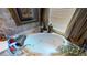 Close-up of a bathroom featuring a large bathtub, gold fixtures, and decorative plants at 2901 Briscoe Rd, Loganville, GA 30052