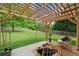 Backyard patio featuring a wooden pergola with comfortable seating and a lush, green lawn at 174 Randall Dr, Rockmart, GA 30153