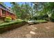 A landscaped backyard features a pool, stone path, and wood retaining wall at 3228 Turtle Lake Se Dr, Marietta, GA 30067
