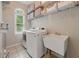 Convenient laundry room with a washer, dryer, utility sink, storage shelves, and natural light at 3065 Foxhall Overlook, Roswell, GA 30075