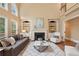 Bright living room with fireplace, built-in bookshelves, large windows, and comfortable seating at 340 Old York Rd, Johns Creek, GA 30097