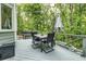 Outdoor deck with table and chairs surrounded by green trees at 120 Majesty Ln, Fayetteville, GA 30215