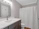 Bathroom featuring a modern vanity with a sleek mirror and a shower with a white curtain at 1940 Country Pl, Cumming, GA 30040