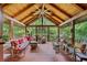 A large screened porch boasts wood floors, a ceiling fan, and plenty of seating for relaxing and enjoying the outdoors at 1736 Morris Landers Ne Dr, Atlanta, GA 30345
