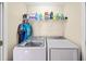 Well-organized laundry room with front loading washer and dryer and shelving at 424 Lake Point Trce, Canton, GA 30114
