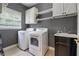 Functional laundry room with washer, dryer, white cabinets, and a sink at 310 Arbor Creek Trl, Roswell, GA 30076