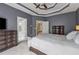 Bedroom features trey ceiling, ceiling fan, and two entry doors to other rooms at 310 Arbor Creek Trl, Roswell, GA 30076