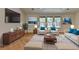 Virtual staged living room with modern furniture, area rug, hardwood flooring, and neutral color palette at 4398 Stonebridge Ct, Duluth, GA 30096