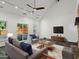 Bright living room with vaulted ceilings, ceiling fan, and sliding glass doors to outdoor space at 4212 Burns Heritage Ne Trl, Roswell, GA 30075