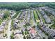 Aerial view showcasing a residential community nestled within a verdant landscape near a pond at 2013 White Cypress Ct, Smyrna, GA 30082
