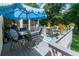 Outdoor deck featuring dining and seating areas, all shaded by a bright blue patio umbrella at 2050 Lyda Ln, Loganville, GA 30052