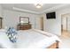 Bedroom boasts a large bed, rustic furniture, tray ceiling, and mounted TV at 441 Spring View Dr, Woodstock, GA 30188