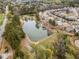 Aerial view of a pond surrounded by lush trees and well-maintained homes in a suburban neighborhood at 441 Spring View Dr, Woodstock, GA 30188