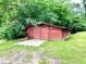 Red wooden shed with double doors provides ample storage and rustic charm to this property at 776 Green Dr, Canton, GA 30114