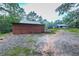 An old shed with closed doors sits on gravel beside a house on a cloudy day at 776 Green Dr, Canton, GA 30114