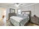 This stylish bedroom features geometrically patterned accent wall, wood floors, and modern decor at 2089 Quilt Ct, Lithonia, GA 30058