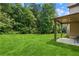 A view of the spacious backyard with a covered patio and lush green trees providing ample shade at 7946 White Oak Loop, Stonecrest, GA 30038