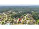 Aerial view shows the property nestled in a lush neighborhood, highlighted by a community pool at 2953 Balvenie Pl, Acworth, GA 30101