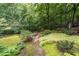 Beautifully landscaped backyard with a stone path and lush greenery, including mature trees and vibrant plants at 5049 Lake Ter, Marietta, GA 30068
