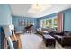Bright living room with blue walls, a fireplace, a skylight, and large windows at 711 Greenview Ne Ave, Atlanta, GA 30305