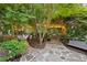 Picturesque backyard with stone path, string lights, and comfortable seating areas at 1005 Cromwell Cv, Snellville, GA 30078