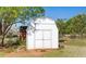 Backyard showing a sturdy, white storage shed, ideal for keeping outdoor equipment organized at 151 River Park Cir, Mcdonough, GA 30252