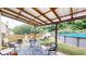 Inviting backyard featuring a covered patio, stylish furniture, and a refreshing above-ground pool, perfect for outdoor relaxation and entertainment at 309 Daffodil Dr, Temple, GA 30179