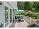 This is a delightful deck area with a dining table and chairs under a blue umbrella at 1589 Delano Dr, Decatur, GA 30032