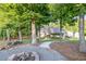 Picturesque backyard with mature trees, fire pit, and a view of the home's covered patio and surrounding greenery at 2980 Beards Rd, Buford, GA 30518
