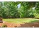 Large backyard with mature trees, grassy area, and seating around a fire pit at 124 Hunters Mill Rd, Woodstock, GA 30188