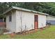 Exterior view of a storage shed with a door and window and landscaped with bricks at 3129 Etchison Rd, Loganville, GA 30052
