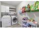 Functional laundry room with modern washer and dryer, storage shelves, and decor at 2038 Summertown Dr, Norcross, GA 30071