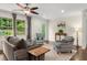 Cozy living room with a comfortable sofa, armchairs, and large windows offering views of the beautifully landscaped yard at 1630 Park Ln, Marietta, GA 30066